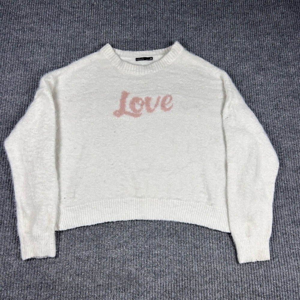 Nikka K Sweater Womens XL White Fuzzy Knit Love Graphic Cropped JSW4965